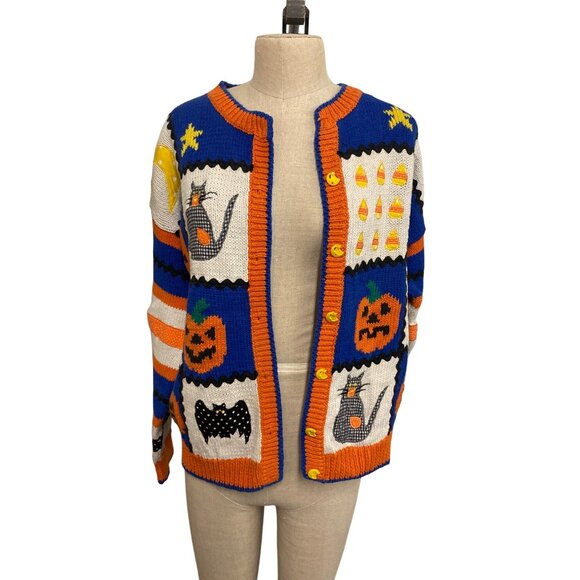 Belle Pointe Vintage Fall Autumn Cardigan Sweater With Pumpkin & Cat Whimsical - Picture 2 of 8